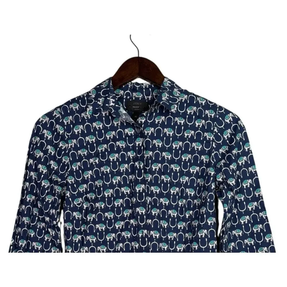 J. Crew Long Sleeve Perfect Fit Novelty Print Elephants Shirt 00 Navy Blue White